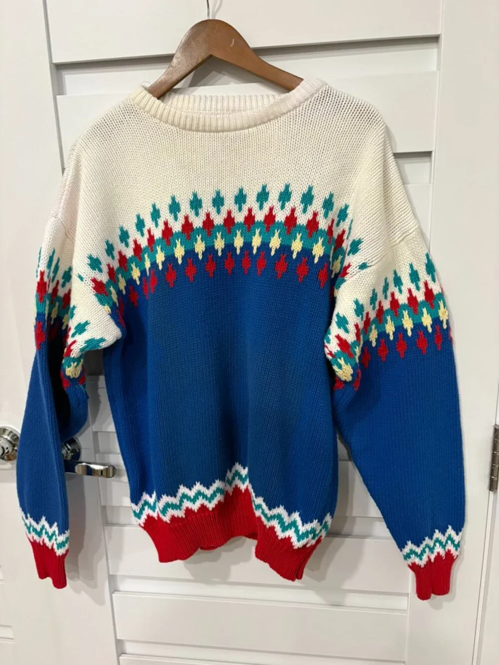 IZOD Vintage Fair Isle Cotton Sweater Blue Red Geometric Ski Crewneck Men’s L